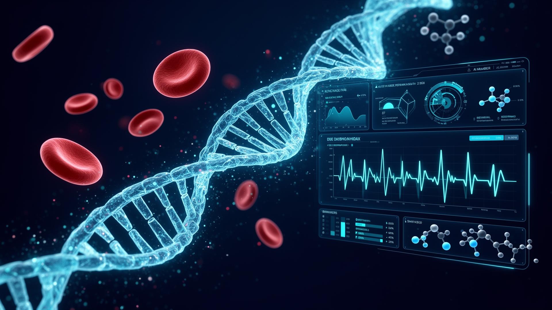 Futuristic healthcare diagnostics with DNA, blood cells and AI dashboard